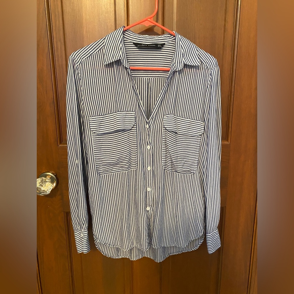 Blue And White Striped, Collared Button Down from ZARA in Size Small